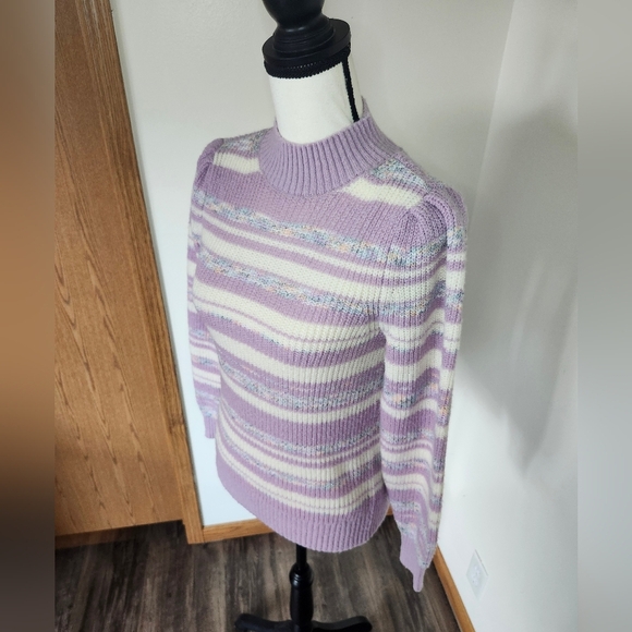 LOFT Retro Lavender Striped Mock Turtleneck Knit Sweater - Picture 2 of 4